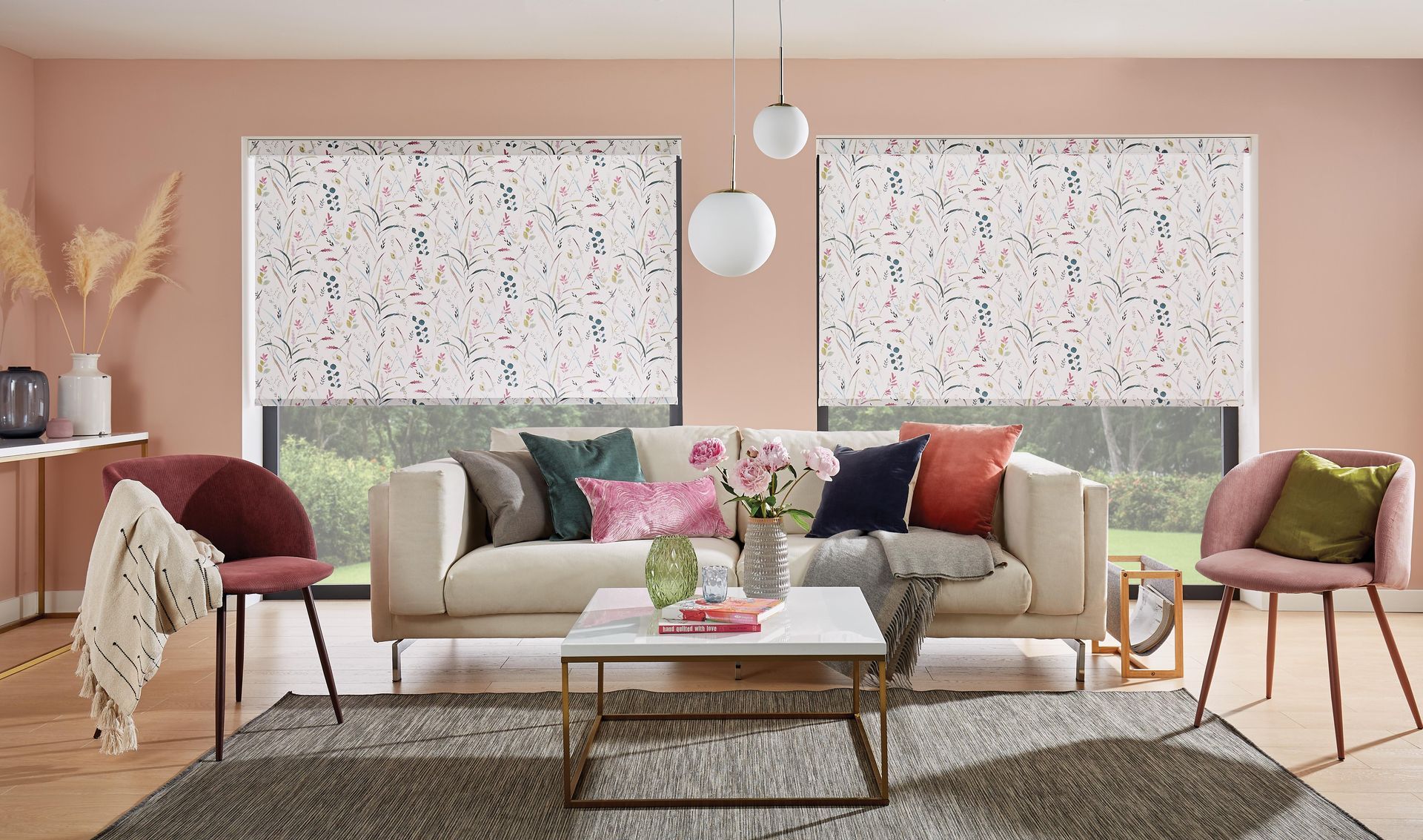 A living room with a couch , coffee table , chairs and blinds.