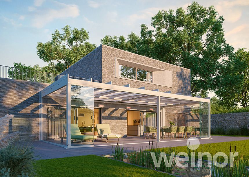 A rendering of a house with a pergola in the backyard.