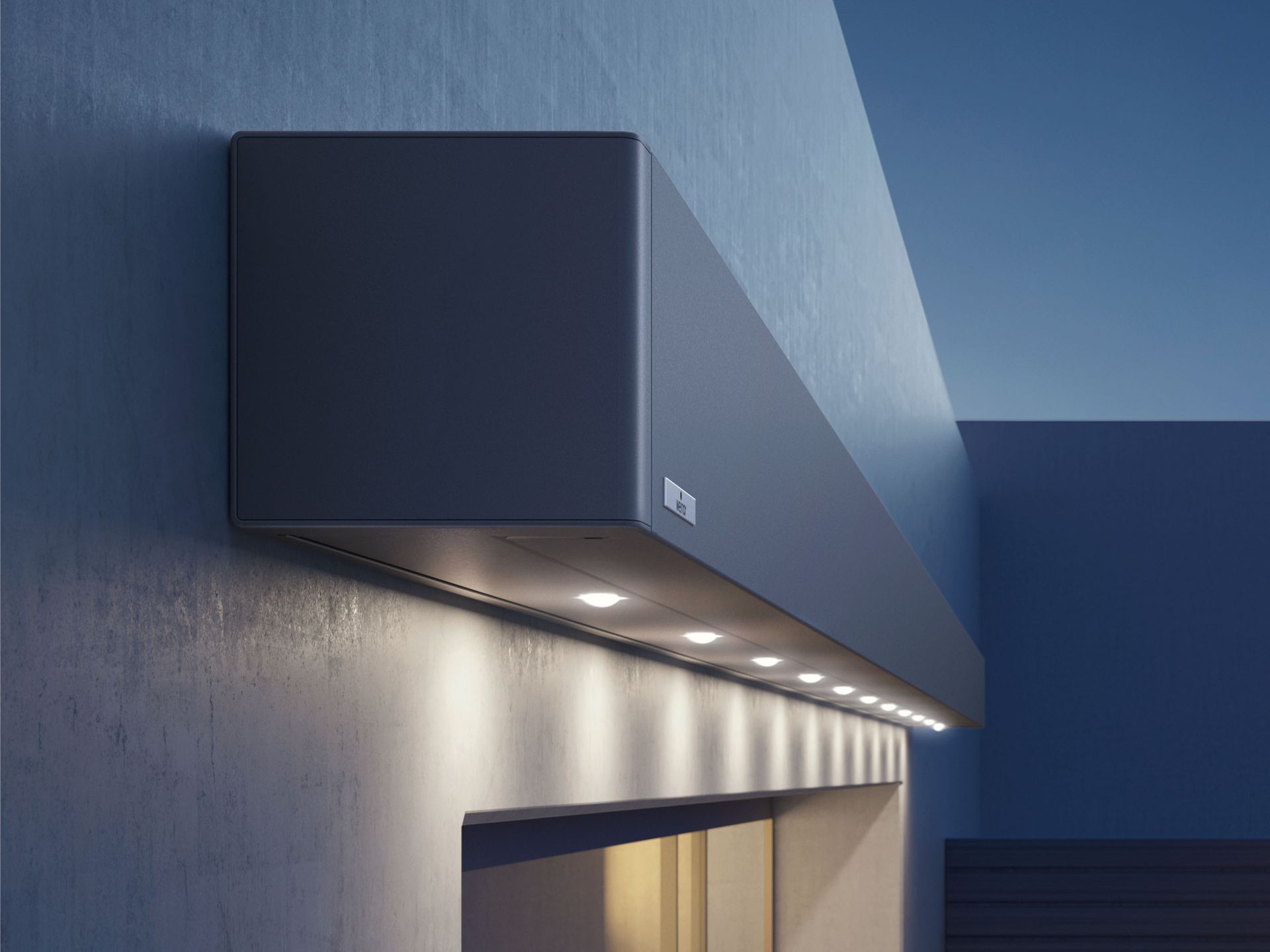 A black box with lights on the side of a building.