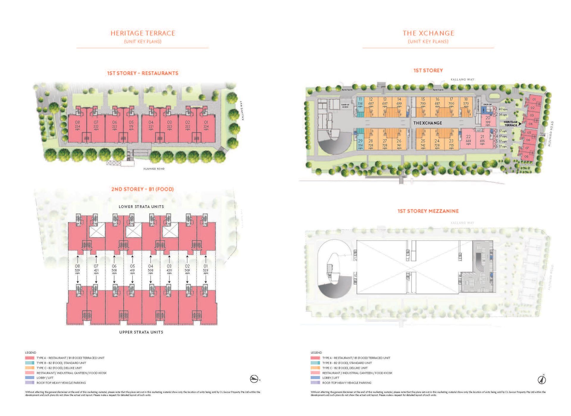 Heritage Terrace floor plans showing 1st storey restaurants layout, 2nd storey B1 food spaces with upper and lower strata units configuration, and 1st storey mezzanine layout