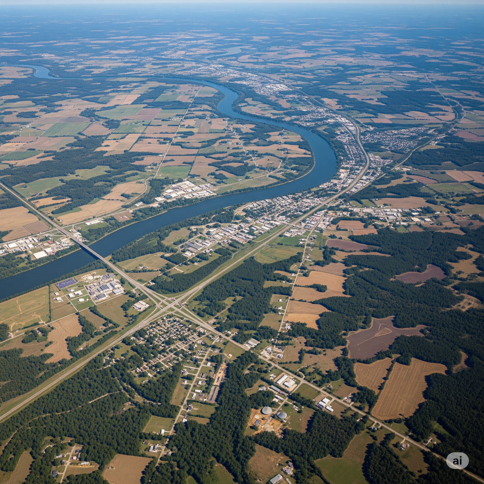 An aerial view of a river surrounded by fields and trees