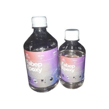 Dos botellas de resina epoxi Fabep con tapones blancos y etiquetas de color morado y blanco.
