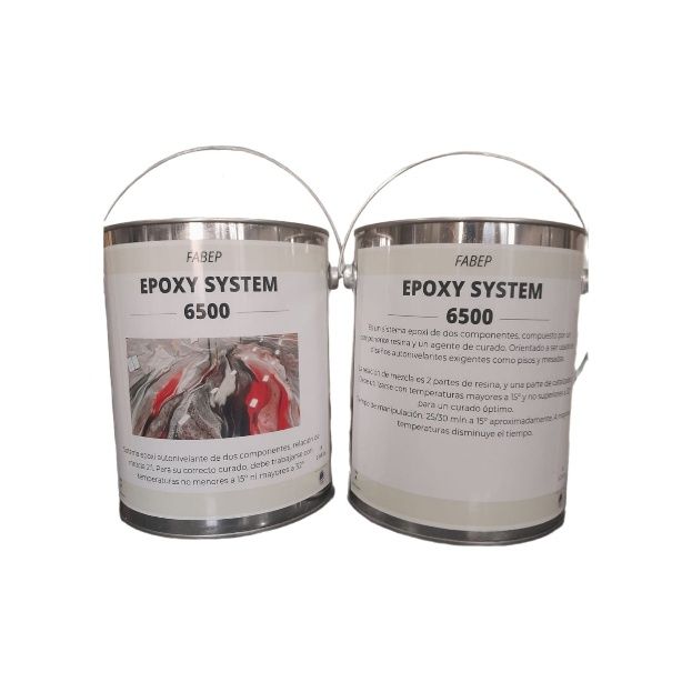 Dos latas de pintura de metal etiquetadas "Epoxy System 6500".