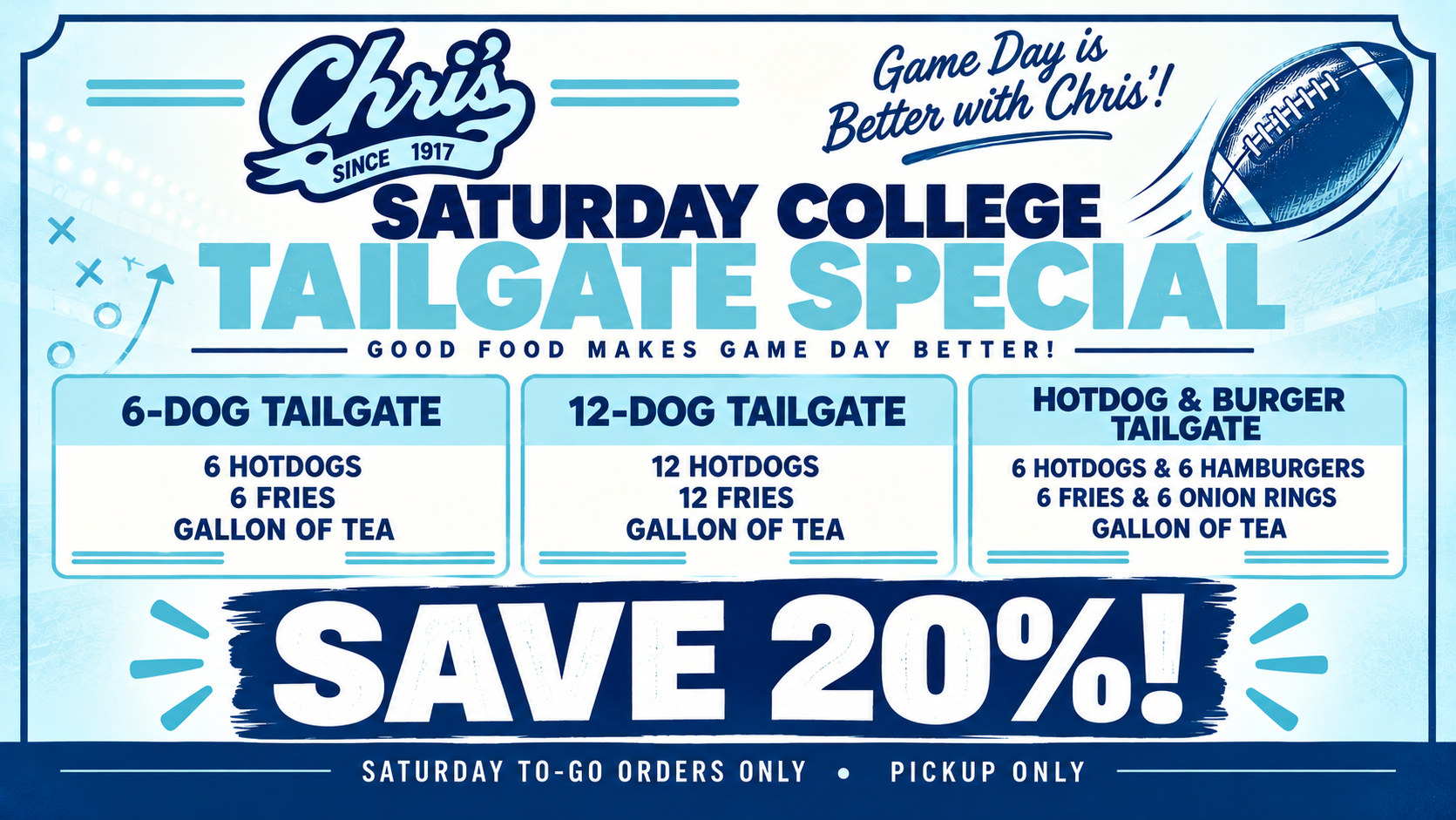 Chris' Famous Hotdogs tailgate special flyer with three food deals and 