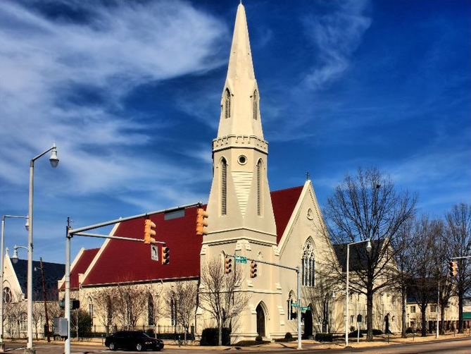 St John's Episcopal Church Montgomery, AL with a red roof and a white steeple.