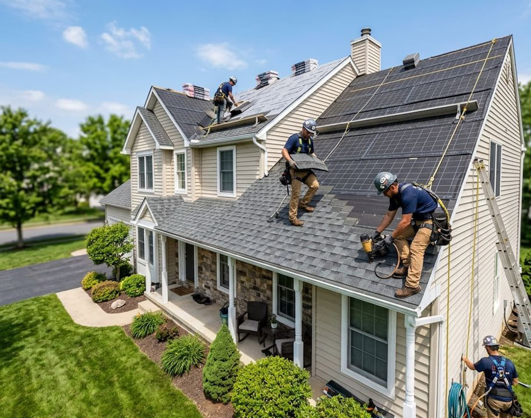 Roofing crew replacing shingles on a large suburban house with gray roof and solar panels