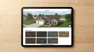 Build Your Roof visualizer app on a tablet showing shingle color samples for a Berks County home.