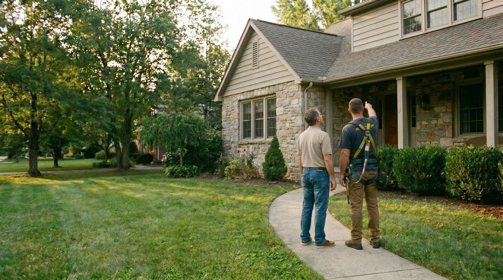 Red Patch roofer discussing a free estimate with a Berks County homeowner on their front walkway.