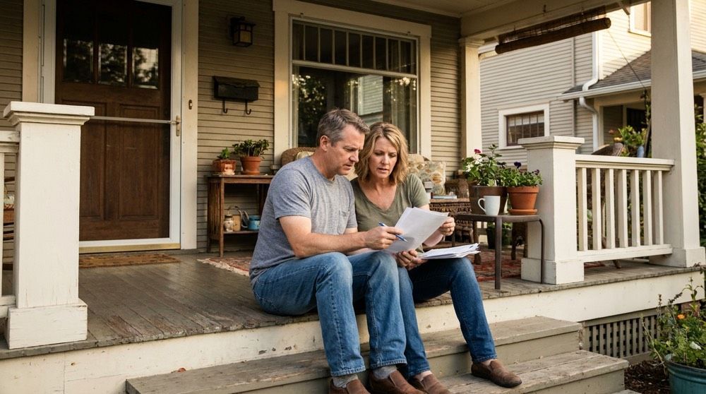 Homeowners on their front porch reviewing roof financing options for their Berks County, PA home.