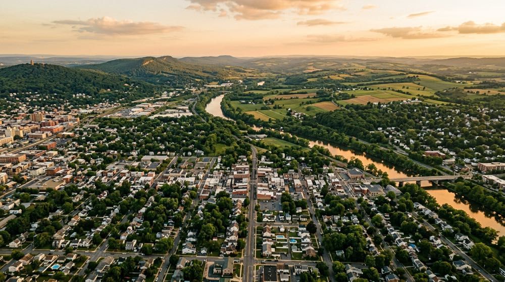 Aerial view of a town beside a winding river at sunset, with hills and farmland in the distance