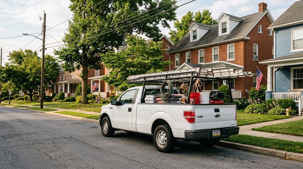 Red Patch Roofing truck parked outside a home in Leesport, Pennsylvania