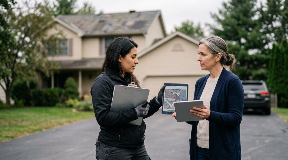 Roof insurance claims adjuster meeting with a homeowner after a storm in Pennsylvania.