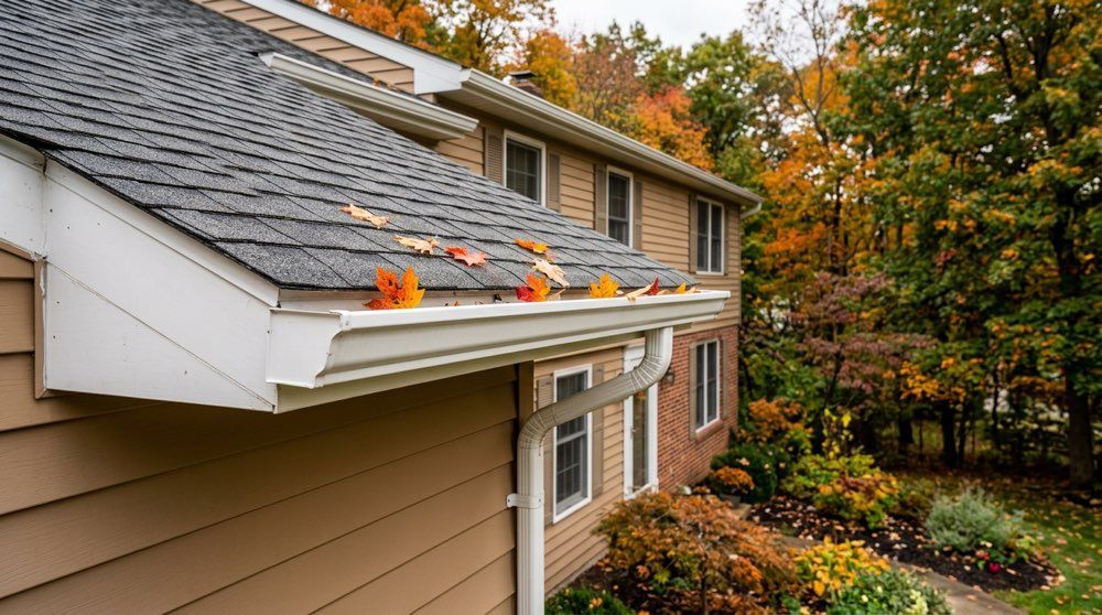 Clean gutters along a residential roof edge in fall, part of year-round roof maintenance in Pennsylvania.