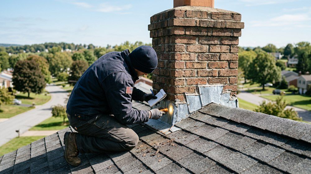 Roofer inspecting chimney flashing during a roof inspection in Berks County, PA
