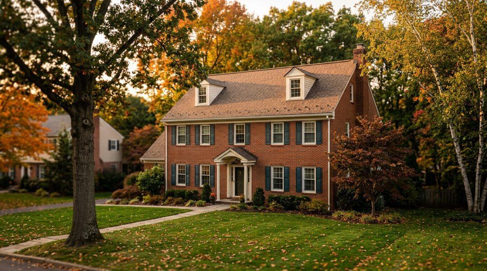 New asphalt shingle roof on a brick colonial home in Berks County, PA, after a roof replacement