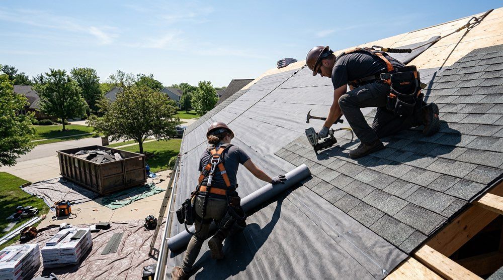 Roofing crew installing underlayment and shingles during a roof replacement in Berks County, PA