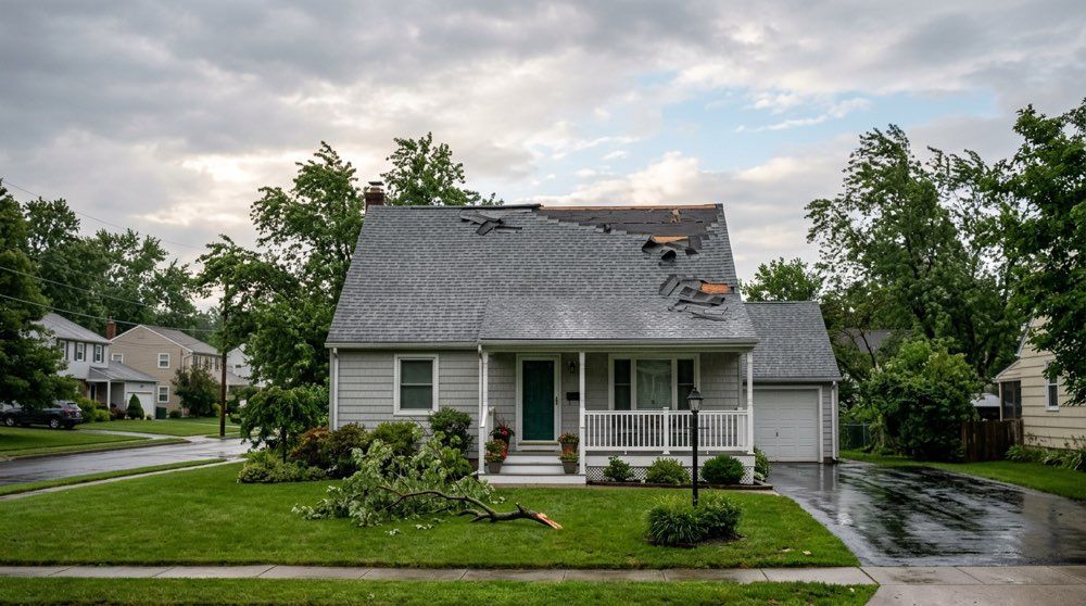 Pennsylvania home with wind-damaged roof and missing shingles the morning after a storm.