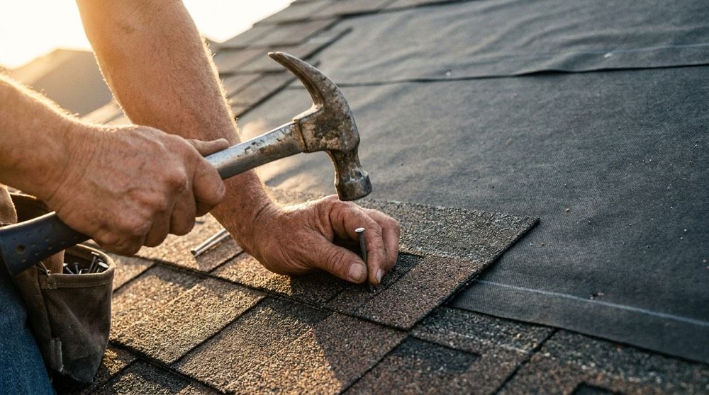 Roofer Hands Installing Architectural Asphalt Shingle, Berks County.