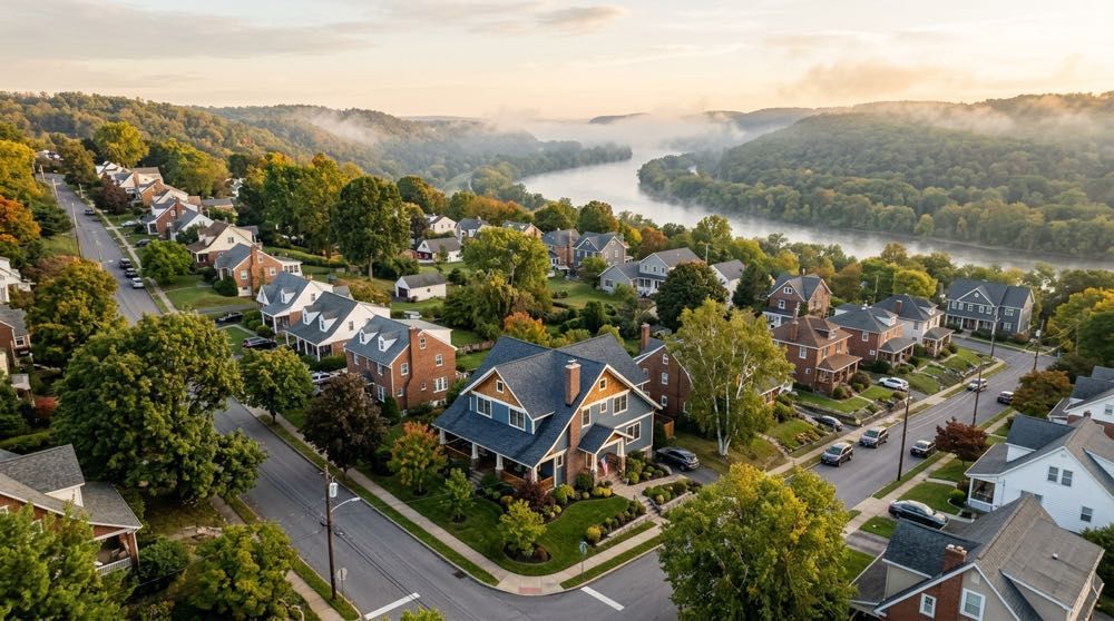 High-altitude view of roofs and homes in Birdsboro, Exeter Township, Pennsylvania