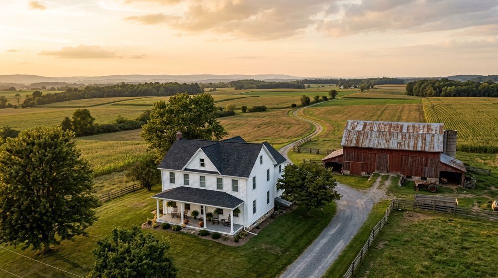 Arial view of farmhouse with a new roof in Fleetwood, Pennsylvania