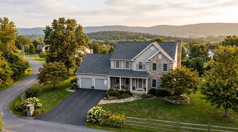 Arial view of a modern home with a new roof in Hamburg, Pennsylvania