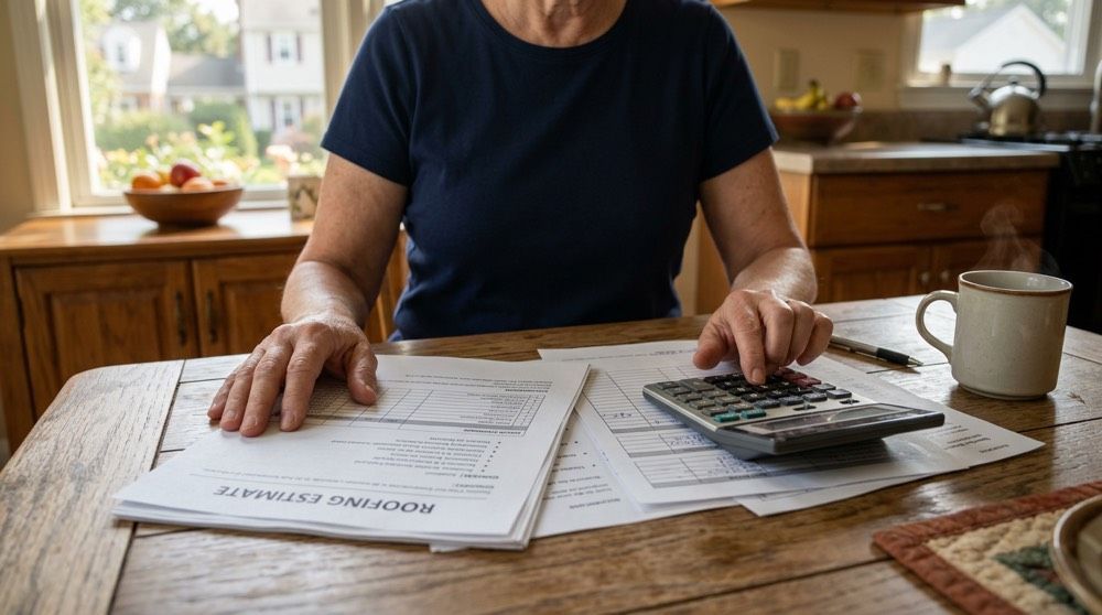 Roof replacement financing paperwork and a monthly payment plan on a kitchen table in Berks County