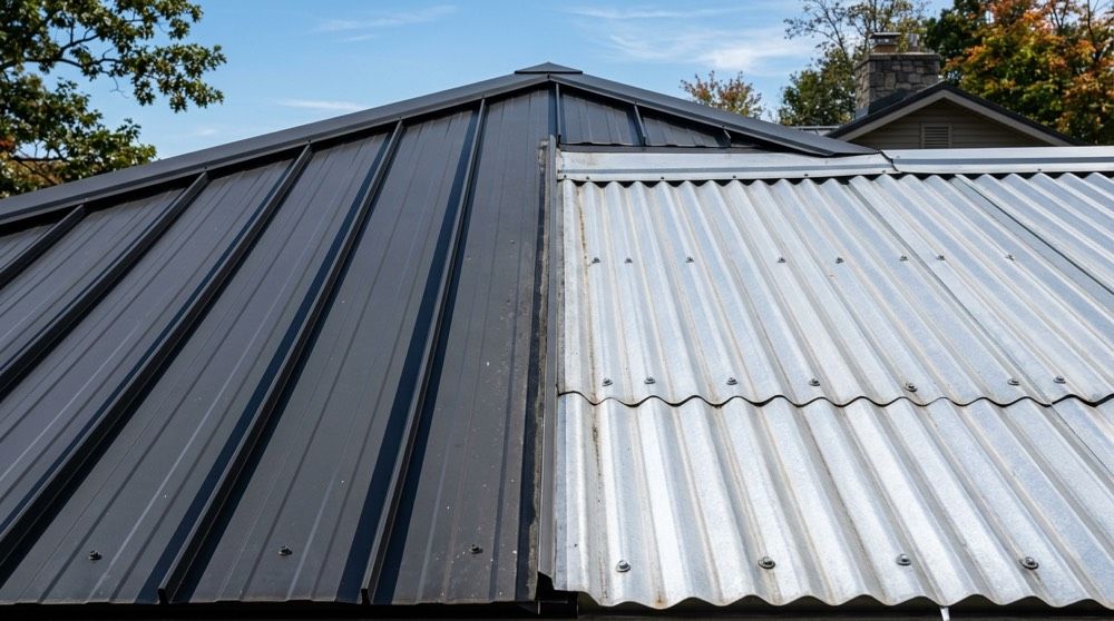 Standing seam and exposed-fastener metal roof panels on a Pennsylvania home