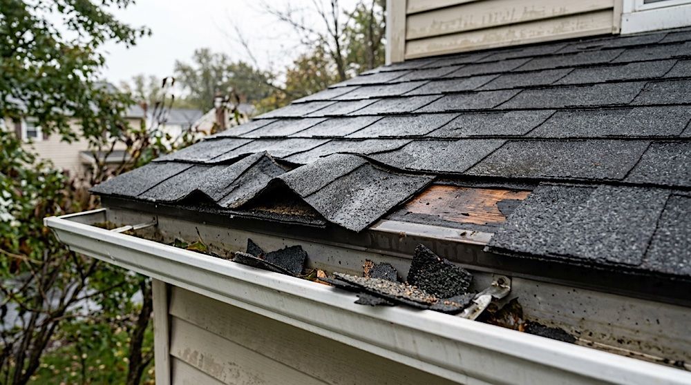 Missing and lifted asphalt shingles on a Berks County home after a windstorm, with shingle debris in the gutter