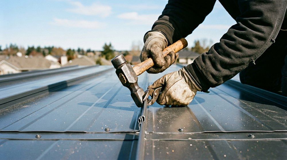 Roofer seaming a standing seam metal roof panel during a metal roof installation in Pennsylvania