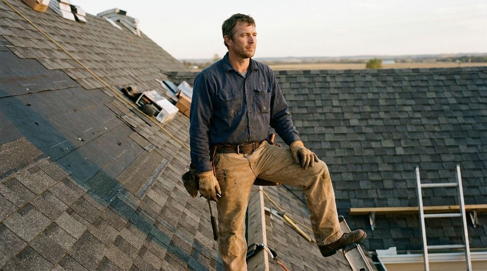 Man standing on a sloped roof with roofing tools and shingles, inspecting the worksite
