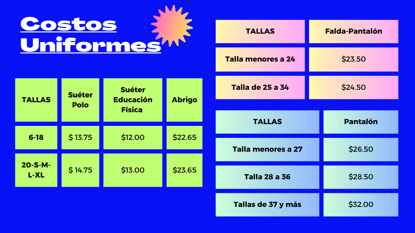 Lista de precios y tallas de uniformes escolares del CEI Montessori Panamá