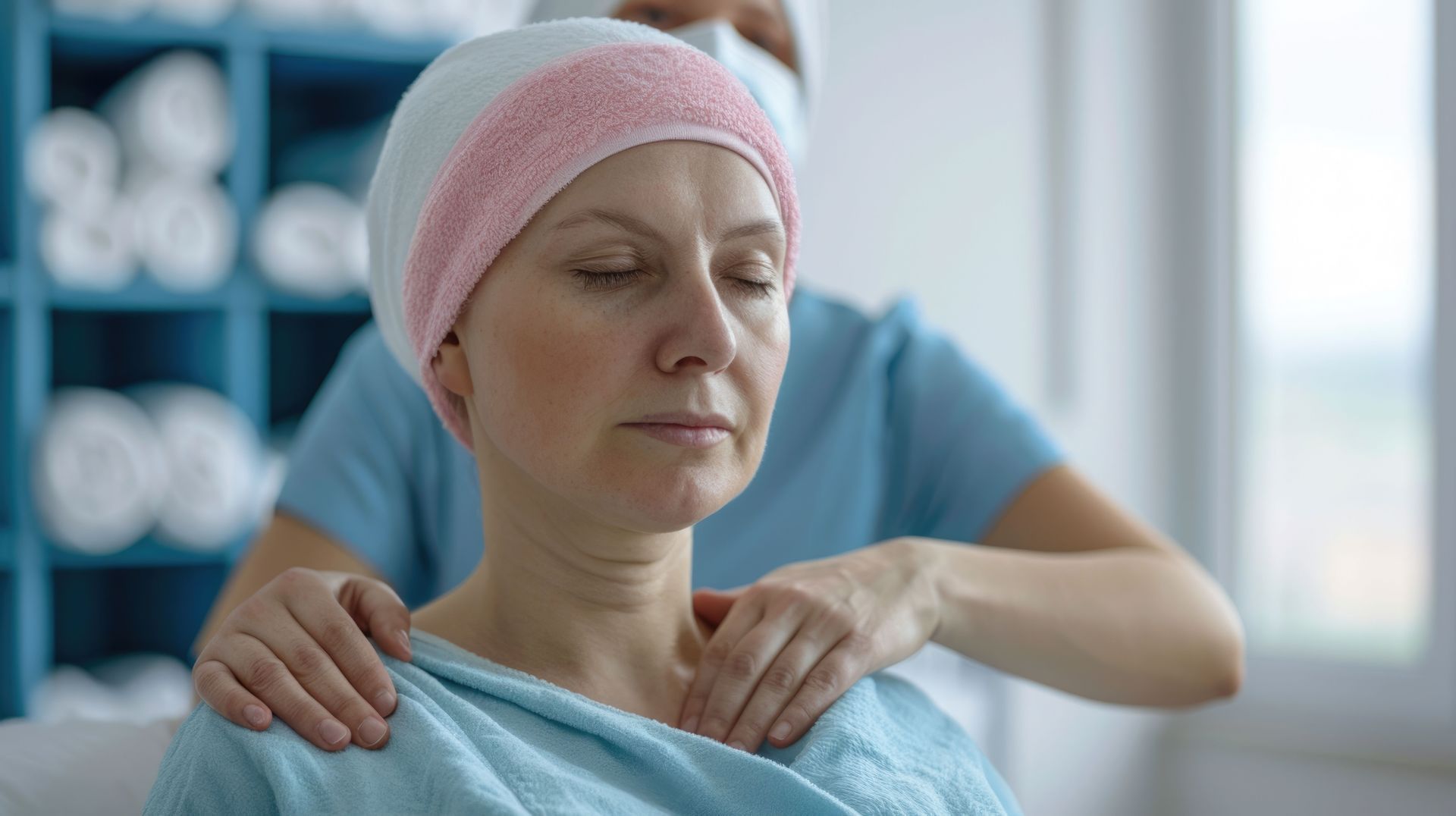 Therapist providing gentle cancer massage to a patient during supportive care.
