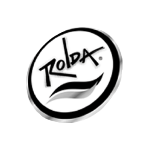 A black and white logo for rolda on a white background