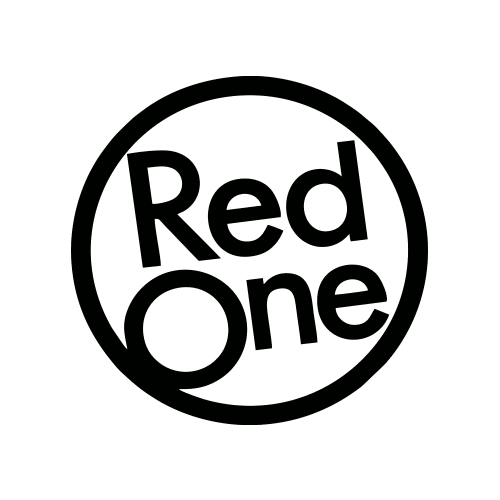 A black and white logo for red one in a circle on a white background.