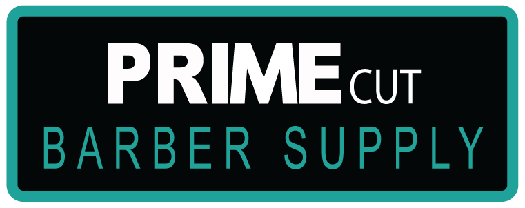 The logo for prime cut barber supply is black and blue.