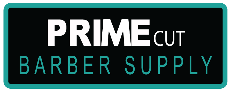 The logo for prime cut barber supply is black and blue.
