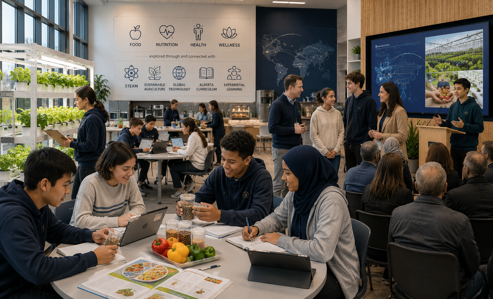 People eating and talking in a bright modern cafeteria with large windows and wall art.