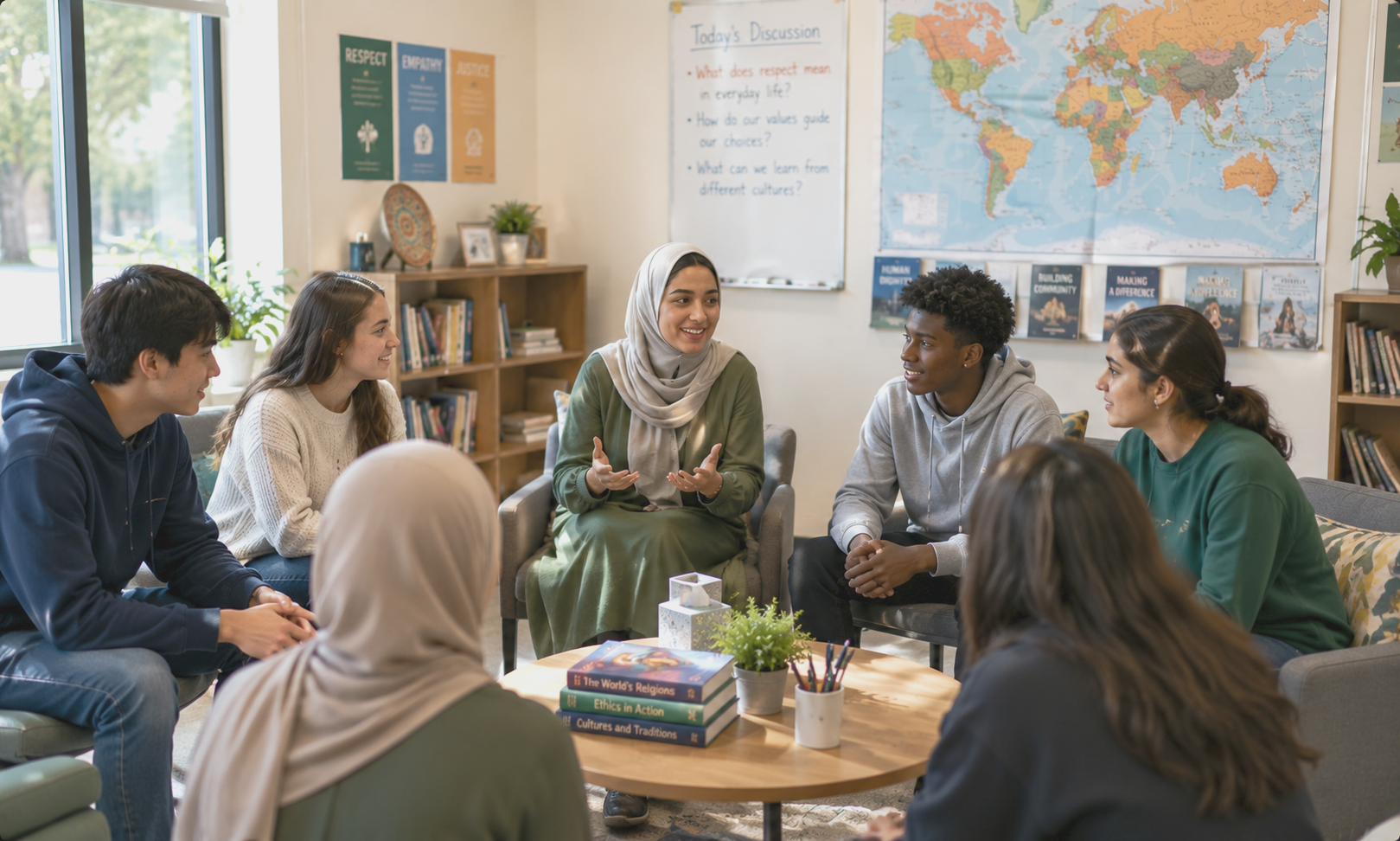 Group seated in a classroom discussion circle with a teacher, globe, and world map in the background
