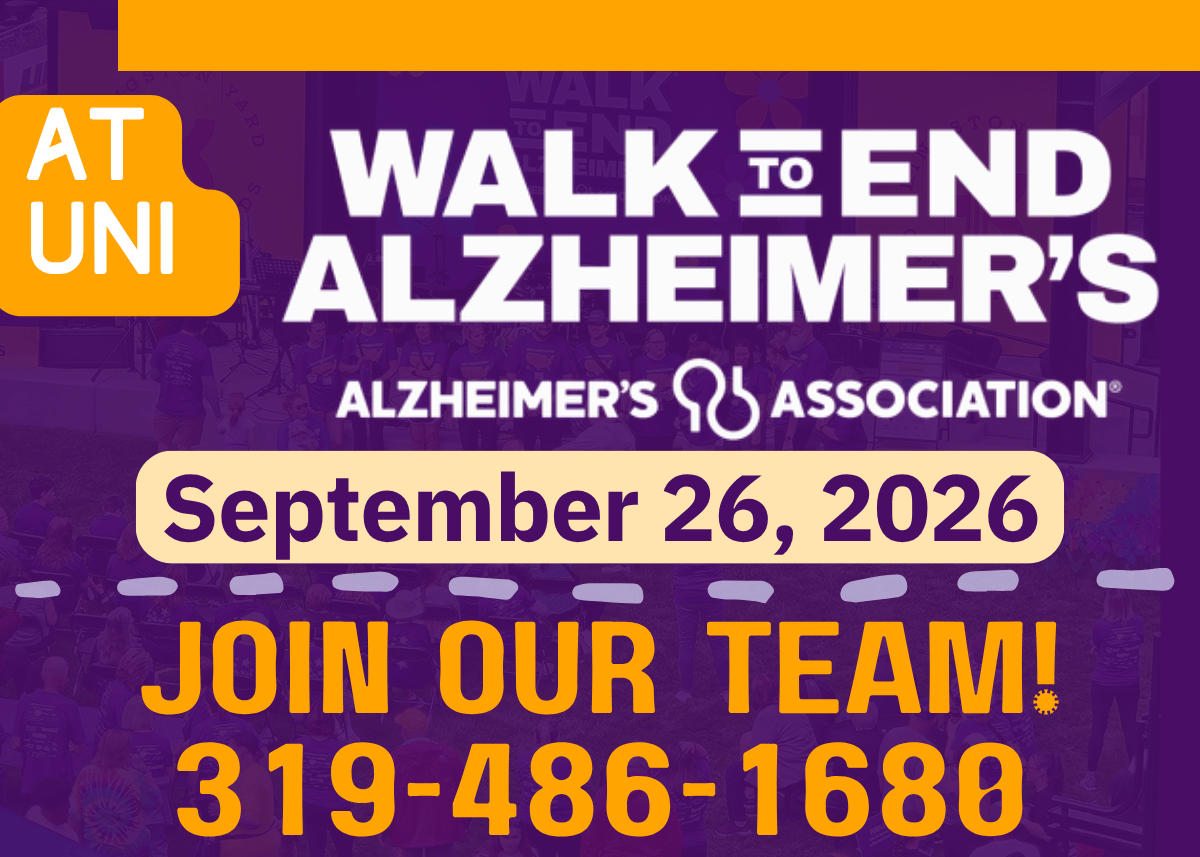 Purple and gold with white Alzheimer's logo about the fundraiser walk