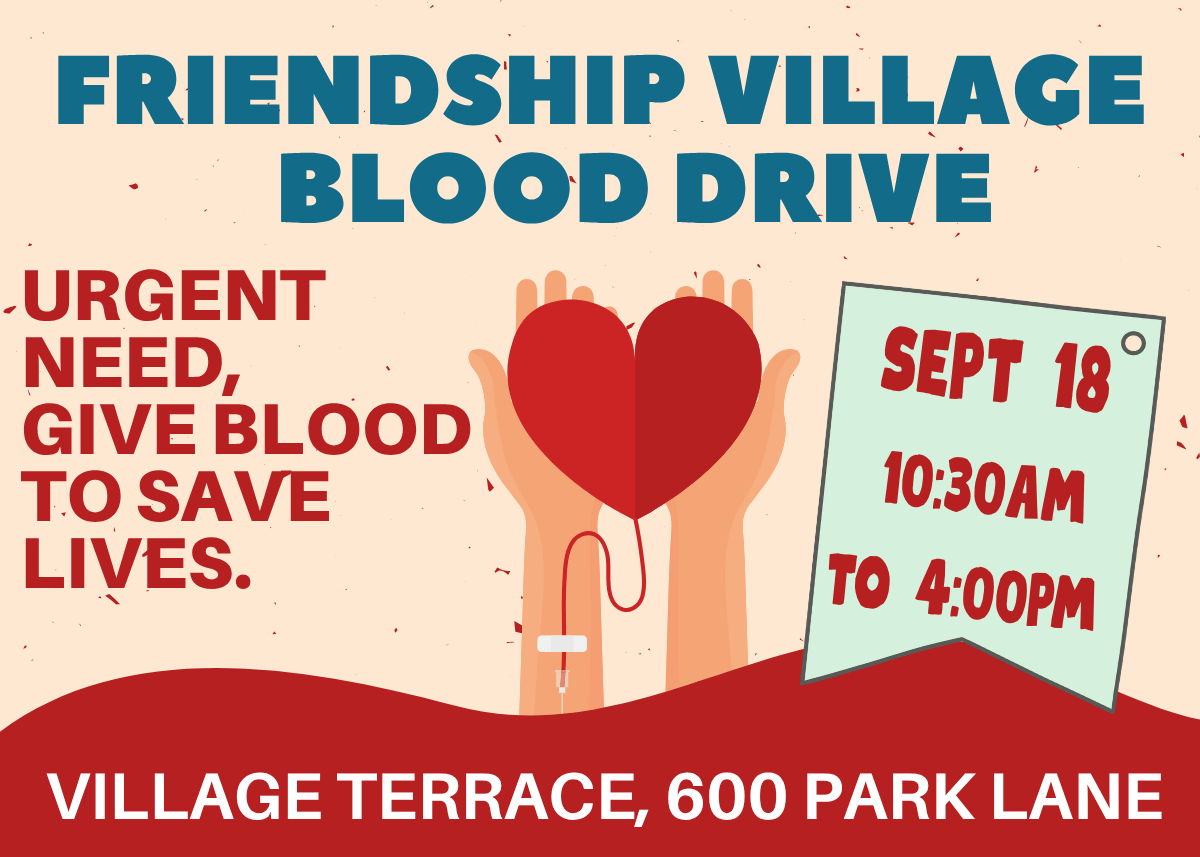 Cream and red and teal ad for a Blood Drive with hands holding a heart and giving blood.