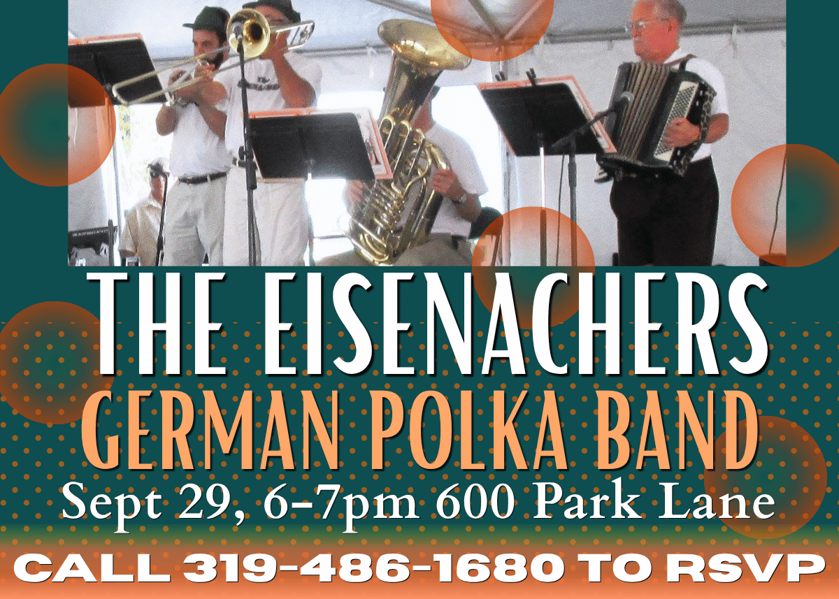 Dark green and orange ad for the Eisenachers German Polka band, with a photo of the band playing in a backlit tent, fun polka dots and larger bubbles in orange go across the graphic.