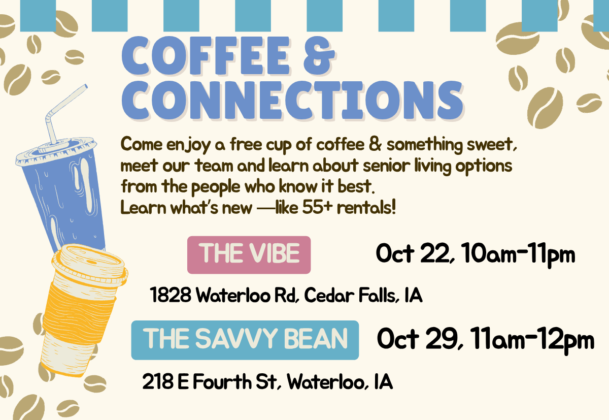 Blue and cream ad for coffee event as a informational meeting showing multiple dates, Old Stone Bistro, 9/4 11am-1pm, Green Roast Cafe, 9/17 11am-1pm, Hurts Donut 9/24 9am-11am