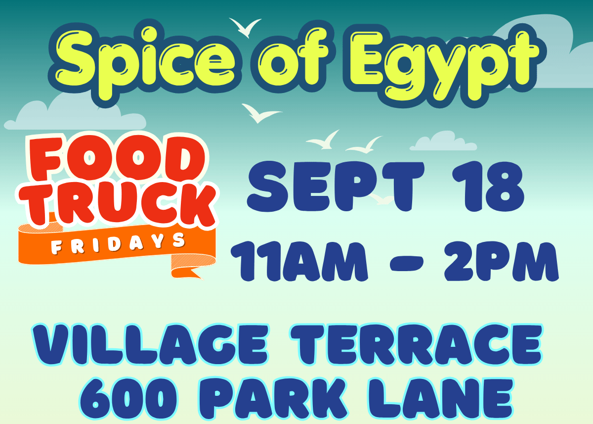 Green ad for the Friday Food Truck with a bright red word art, and the Spice of Egypt in light green