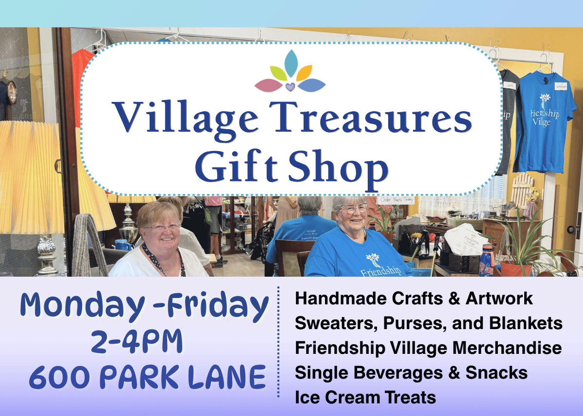 Blue and purple ad for Village Treasures Gift shop with photo in background of smiling ladies working there.