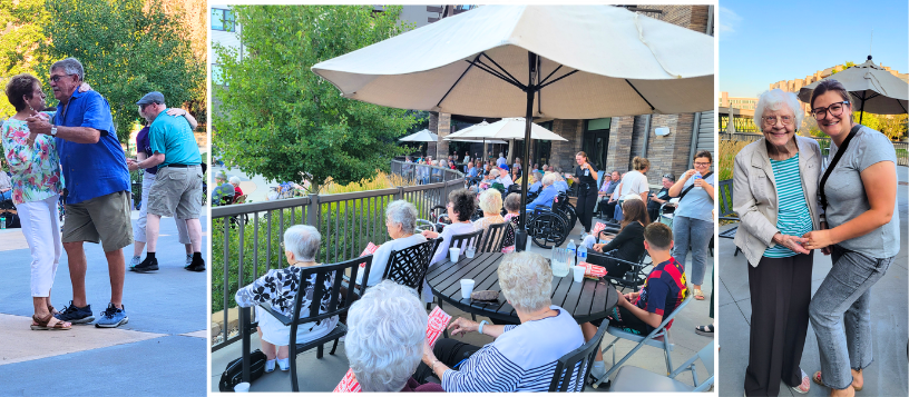 Three images left to right, couples dancing at an outdoor patio, people seated at tables with shady umbrellas, a young and older woman holding hands smile at the camera.