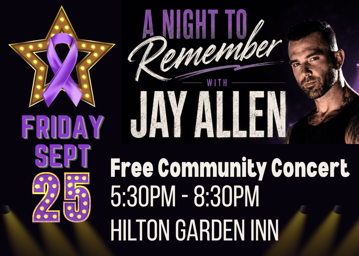 Purple and black ad for free community concert with Jay Allen featuring a purple Alzheimer's ribbon.
