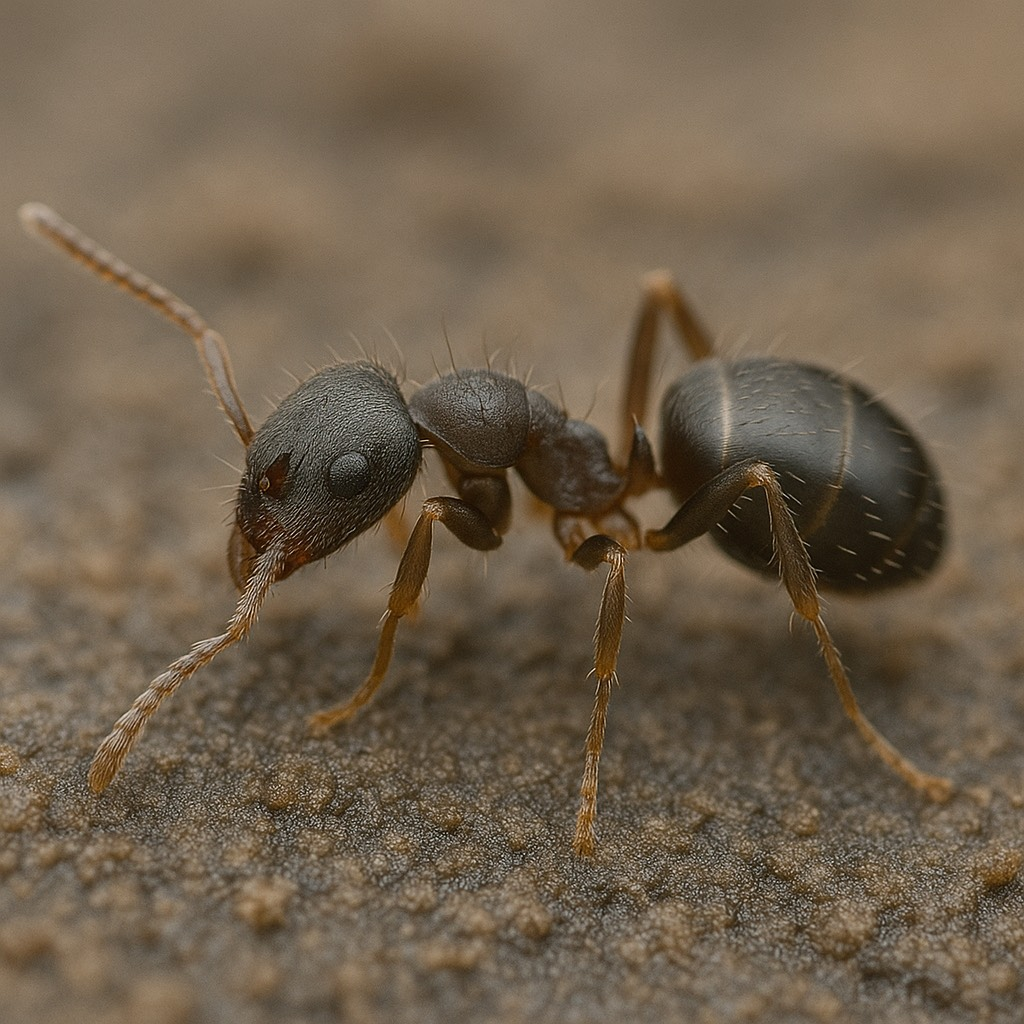 A close-up of an odorous house ant with a dark brown head and shiny black abdomen, walking on a textured dirt surface.