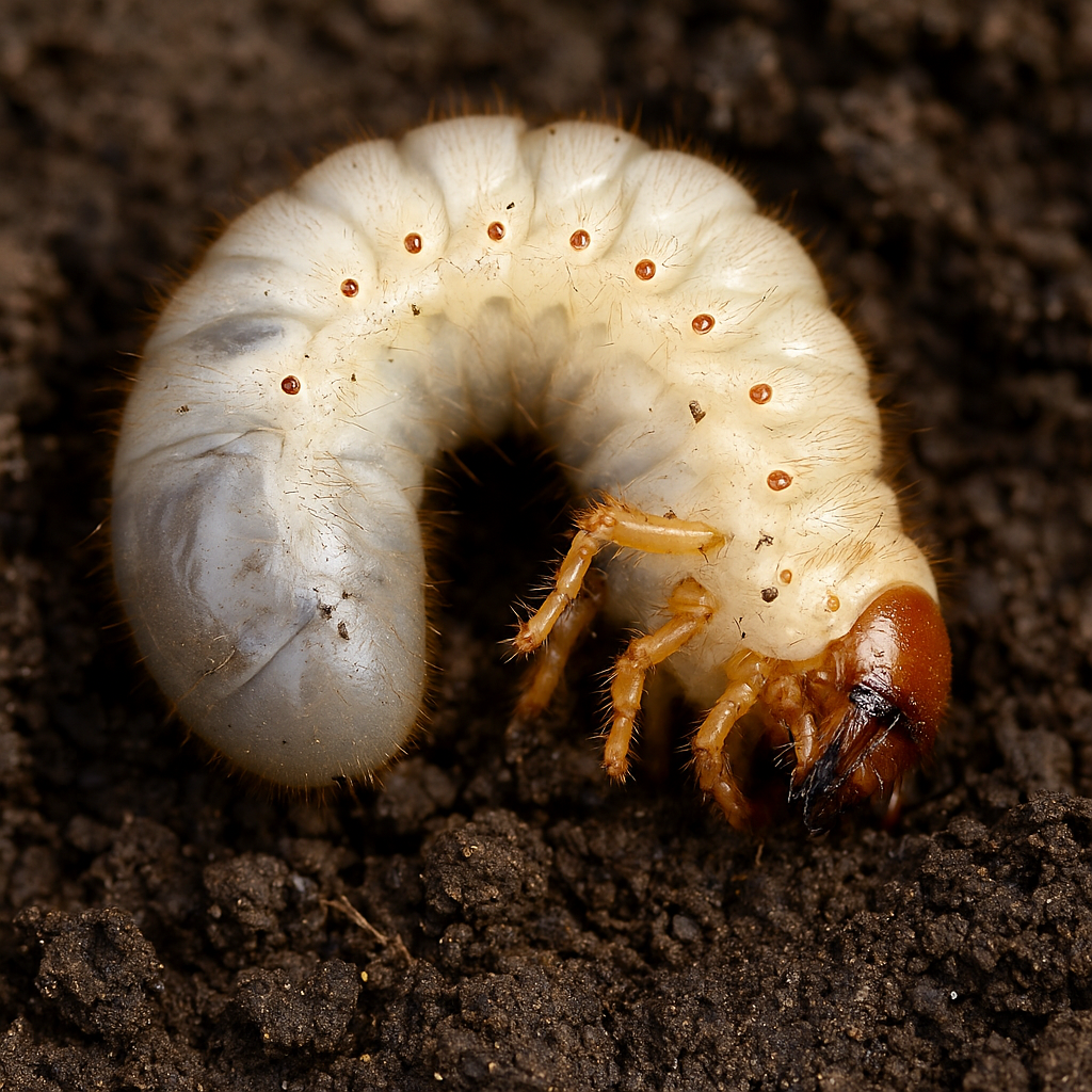 White grub worm with a brown head and legs, curled up on dark soil.