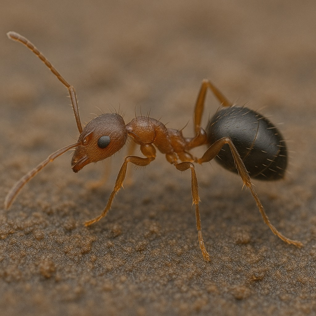 A macro image of a reddish-brown crazy ant with a glossy black abdomen, long legs, and bent antennae crawling across a sandy, textured surface.