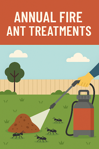Illustration of a person spraying a fire ant mound in a backyard with a pesticide sprayer, promoting annual fire ant treatments for homes in Denton, TX
